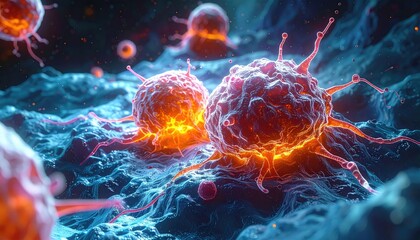 Digital Render of Microscopic Cancer Cells on Irregular Surface Glowing with Orange Light in Dark Environment