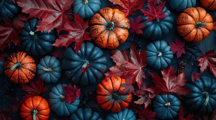 Fototapeta premium Colorful Autumn Pumpkins and Leaves on Dark Background Decor