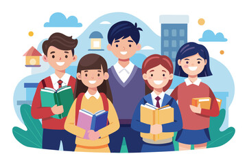 Diverse students holding books smile confidently against a vibrant background of buildings and nature