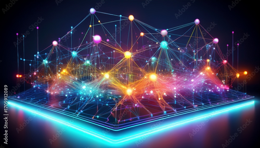 Poster 3d holographic display showcasing a digital network concept with colorful nodes and connections