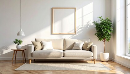 Bright and Modern Living Room with White Couch Natural Light Large Window Green Plant Minimalist Interior Home Decor Scene