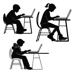 Three diverse children are using their laptops while seated at desks in silhouette