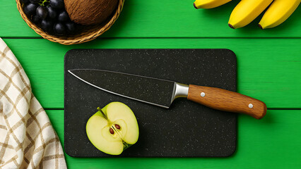 Kitchen Cutting Board with Wooden‑Handled Knife and Sliced Green Apple – Fresh Fruits and Basket on Green Wooden Surface