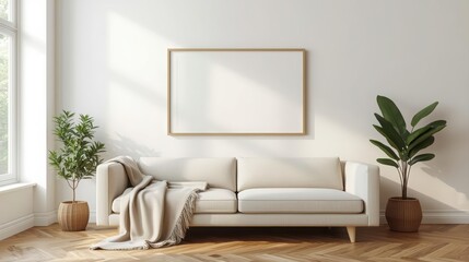 Naklejka premium Minimalist Modern Living Room Interior with White Sofa Blank s Wall Art Natural Light Potted Plants Hardwood Floor Cozy Decor