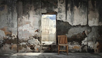 Dilapidated Wall with Rectangular Opening and Rustic Wooden Chair Against Warm Gradient Orange Background. Gray Concrete Texture with Peeling Paint and Cracks