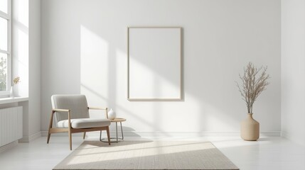 Fototapeta premium Minimalist modern interior living space with natural light, neutral tones, contemporary furniture, decorative vase with dried branches, and blank wall art