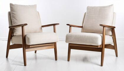 elegant mid century modern lounge chair with ivory upholstery on white background