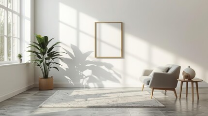 Bright minimalist living room with large window natural sunlight illuminating space with modern armchair and plant decorative frame on white wall