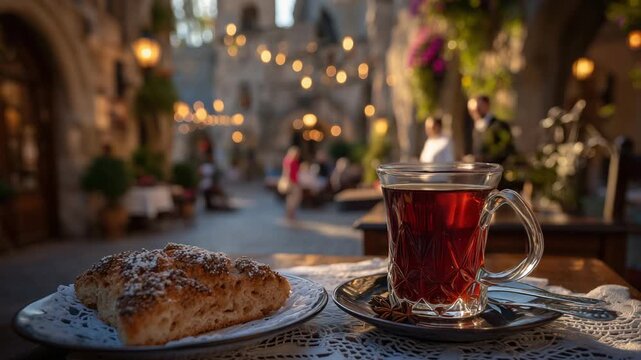 Experience the charm of Krak&oacute;w's outdoor caf&eacute; with spiced tea and a poppy seed roll under lantern-lit arcades, set against the warm glow of historic stone walls.