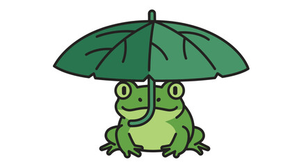 Cartoon Frog Under a Leaf Umbrella Green and Cute.