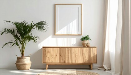 Bright Minimalist Interior with Wooden Sideboard Large Mirror Potted Plant and Natural Light Flowing Through Curtains in Modern Home Decor Scene