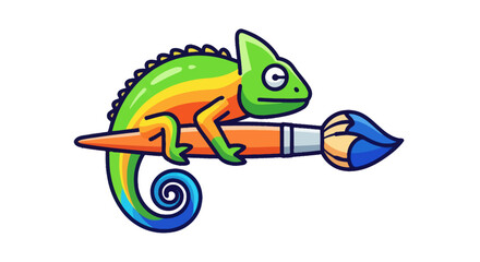 Colorful Chameleon Perched on a Paintbrush with Vibrant Rainbow Colors.
