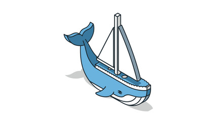 Blue Whale Shaped Boat with Sail Nautical Vessel Marine Creature Cartoon Style.