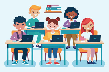 Diverse students use laptops in a classroom setting while attending a learning session together