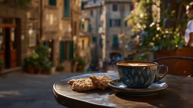 Experience the serene charm of a Florence street with shuttered windows, an espresso, and biscotti under the golden Tuscan sun.