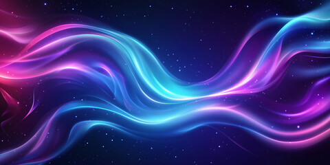 Obraz premium Neon blue, purple, and pink wave lines flow across a dark backdrop, smooth motion light trails, clean 4K loop for titles and tech videos