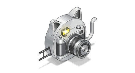 A whimsical illustration of a silver metallic cat-shaped camera with a film strip.