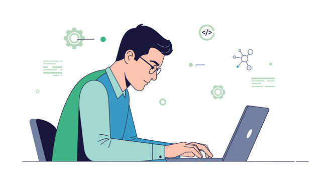 Focused Professional Working on Laptop, Representing Technology And Modern Coding Concepts