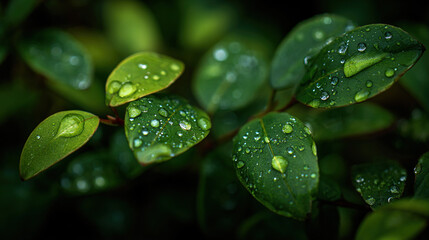 Green Leaves with Water Droplets