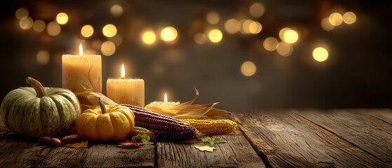 Thanksgiving dinner setup with pumpkins and candles rustic table golden autumn cozy candlelight scene fall celebration