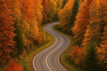 Naklejka premium Winding road through autumn forest.