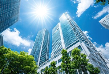 Worm's-eye view of sleek, modern skyscrapers piercing a bright blue sky dotted with clouds, trees framing the scene