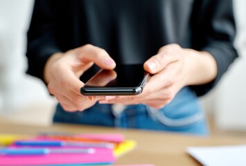 Close-up of hands holding a smartphone in landscape. Foreground is focused, with a desk with papers and colorful pens blurred in the background