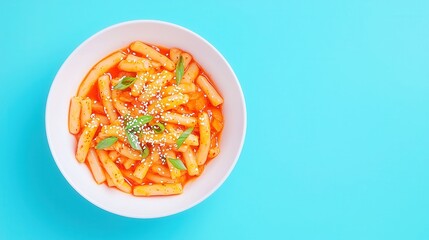 Colorful bowl of pasta, vibrant orange noodles with herbs, playful food art on bright turquoise background, inviting presentation.