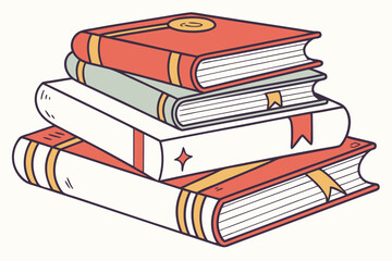 Stacked books show different colors and bookmark details against a white background