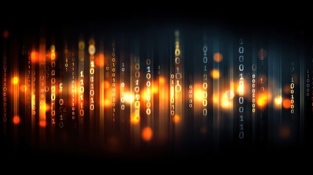 Abstract digital cascade of blurry binary code, glowing in orange and teal against a dark background, suggesting technology and information flow - Powered by Adobe
