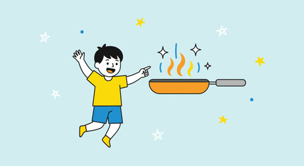 Excited Youngster Demonstrates Cooking Process With Animated Flames And Frying Pan Fun