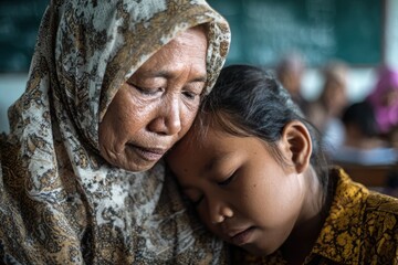 Elderly woman comforts young girl