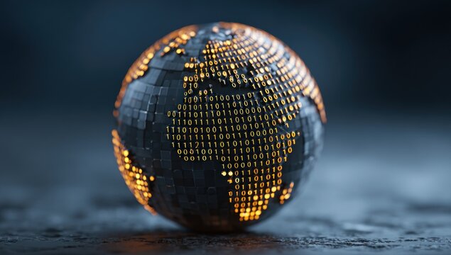 Digital Earth mosaic A globe formed by small black and orange squares, displaying glowing binary code on a textured dark surface in soft focus - Powered by Adobe