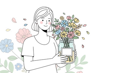 Obraz premium Gentle Woman Holding a Jar Full of Colorful Flowers, Perfect for Springtime Designs