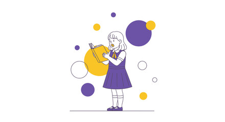 Girl Engaged With Book, Reading Under Yellow and Purple Spheres, Illustration