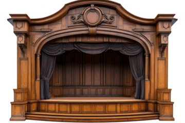 Ornate wooden stage theater with curtains, vintage style architecture, detailed design and decoration, isolated on transparent background