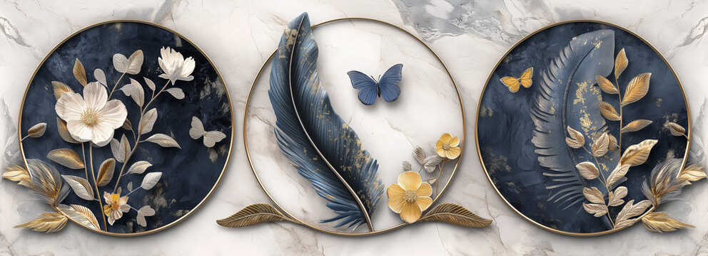 triptych of decorative oval panels featuring floral and feather motifs in a muted color palette with accents of gold