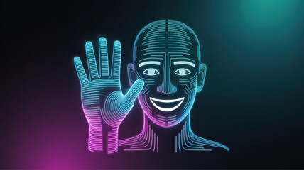 Futuristic wireframe character with glowing neon lights waves hello with a friendly expression