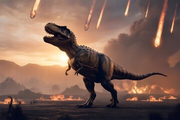 Tyrannosaurus rex watches as meteorites fall to earth in a fiery apocalypse