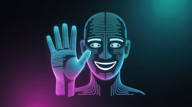 Futuristic wireframe character with glowing neon lights waves hello with a friendly expression
