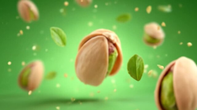 Delicious pistachio nut closeup with flying leaves and green background with healthy snack.