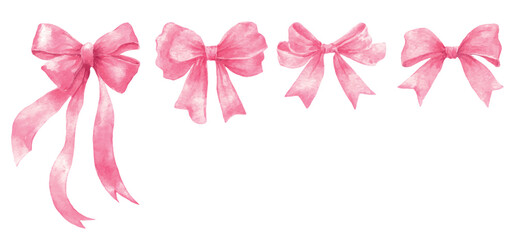 Watercolor illustration of pink bows in different variations. Four ribbon bows, made in a delicate watercolor style, isolated on a white background. Pink coquette elements.