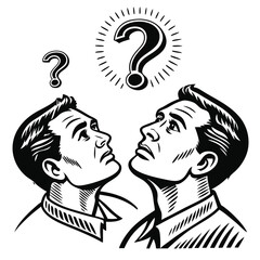 Two serious men curiously gaze upwards at a glowing question mark above them