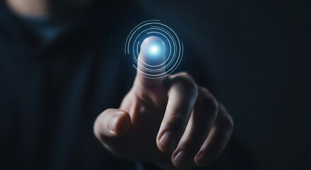 Finger touching a glowing digital interface with futuristic data visualization