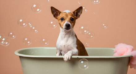 Basset Hound in Pink Tub &ndash; Whimsical Bath Scene with Floating Bubbles