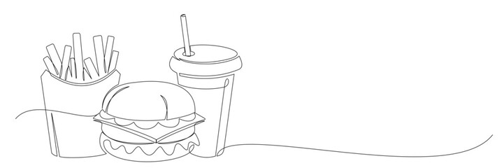 Continuous line drawing of Burger, soda, and fries for takeout. Fast food concept illustration vector 1