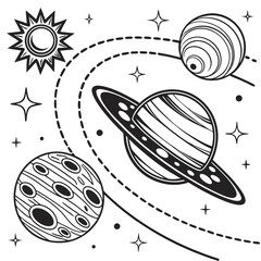 Black and white drawing portrays planets sun stars and cosmic trails in space