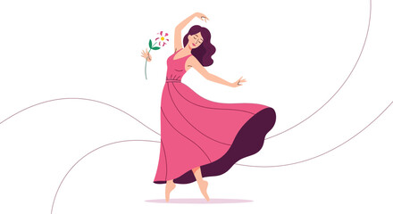 Fototapeta premium Graceful Woman with Flower Dancing in a Flowing Pink Dress on White Background