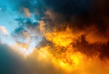 Obraz premium Swirling, colorful storm clouds at sunset; warm hues contrasting cold blues create dynamic sky abstract with ominous, yet beautiful atmosphere