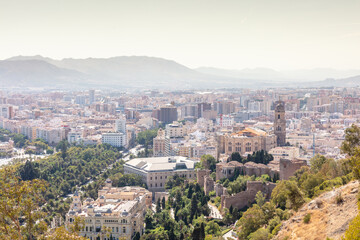 Fototapeta premium Malaga, Andalusia, Spain. 4 September 2025. View of Malaga city with bullring, port, and coastline